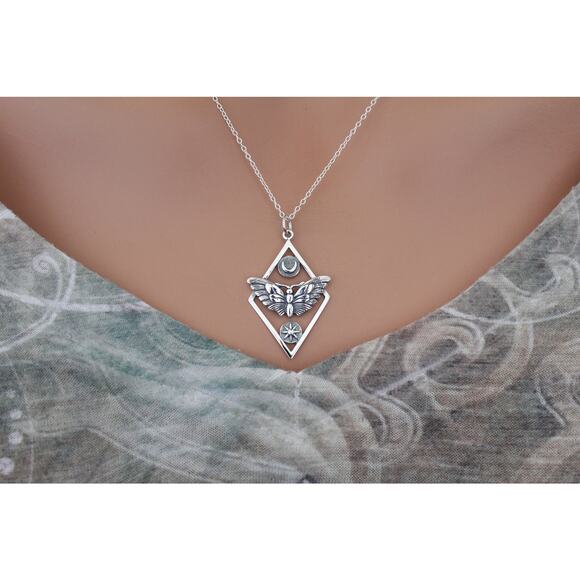 Sterling Silver Geometric Moth Charm with Sun and Moon Necklace - Picture 3 of 6